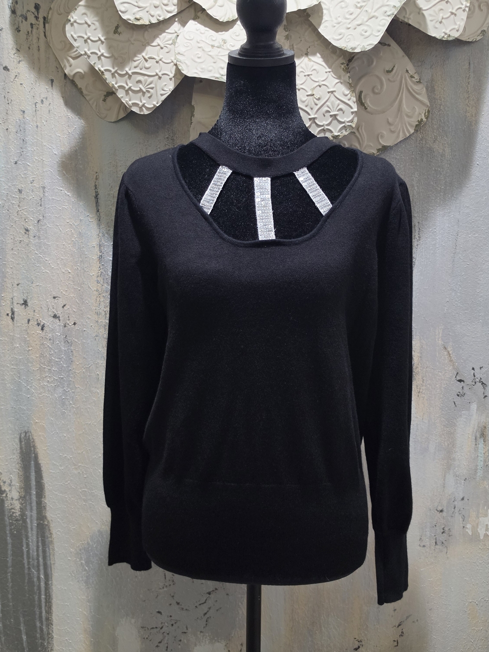 Black Crewneck Sweater with Silver Neck Straps